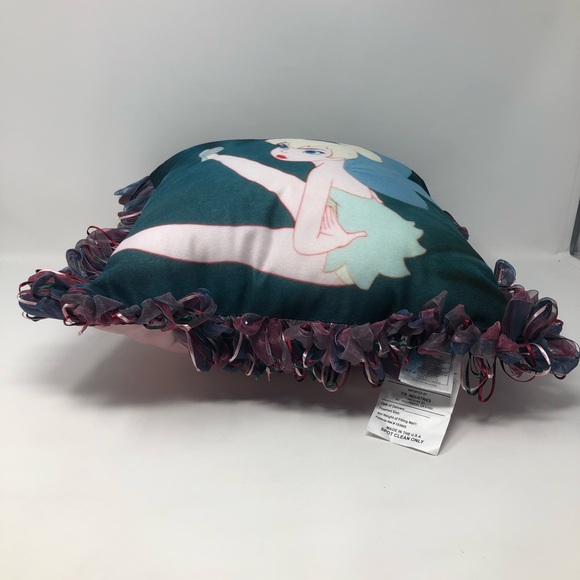 Disney Shopping Tinker Bell Throw Pillow Green Pink Mad Face Ribbon Fringe - Picture 4 of 9